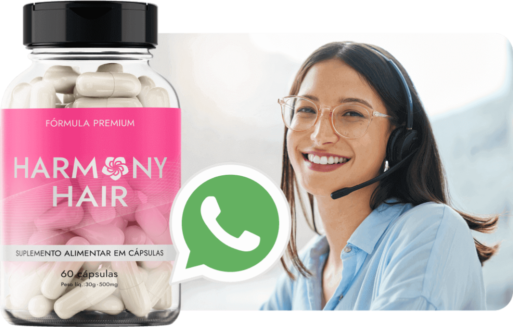 Anúncio de atendimento exclusivo para esclarecer dúvidas sobre o Harmony Hair, com a imagem de uma consultora sorridente e um frasco do produto.