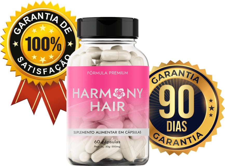 Frasco de Harmony Hair com garantia de 90 dias de satisfação total.