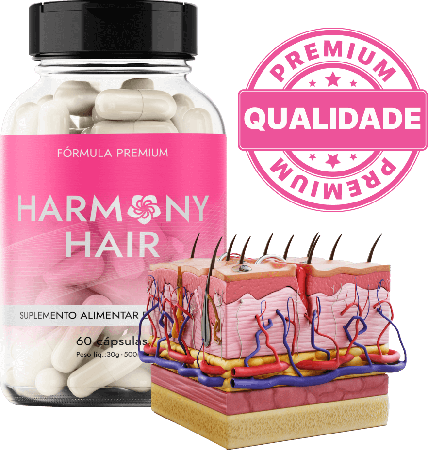 Fórmula premium do Harmony Hair, recomendada por especialistas para reverter a queda de cabelo e promover o rejuvenescimento capilar.