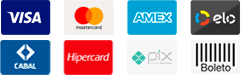 "Logotipos das formas de pagamento aceitas: Visa, Mastercard, Amex, Elo, Cabal, Hipercard, Pix e Boleto.